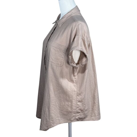 Falls Creek Size M Women Linen-Blend Shirt Beige Short-Sleeve Button-Up - Picture 3 of 10